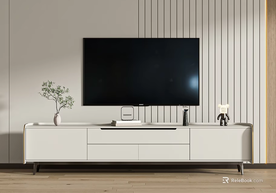 Modern White TV Stand with TV Decorative Vase and Vertical Striped Wall Background 3d model 