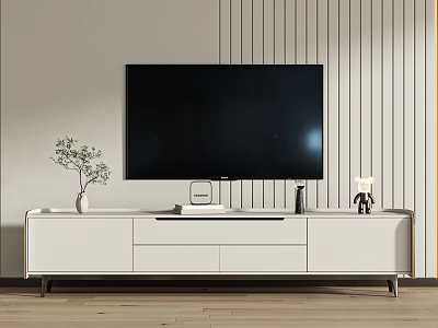 Modern White TV Stand with TV Decorative Vase and Vertical Striped Wall Background 3d model
