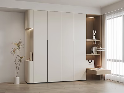 Modern White Wardrobe Interior With Built-in Shelves Potted Plant And Natural Light 3d model