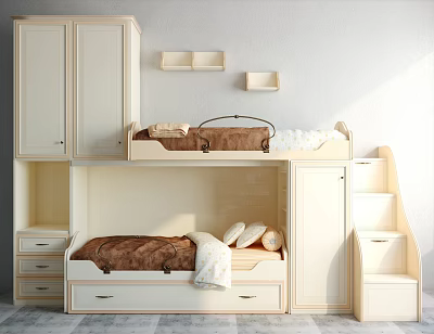 Modern Minimalist Bunk Bed Design With Storage Cabinets Drawers Staircase And Wall Shelves 3d model