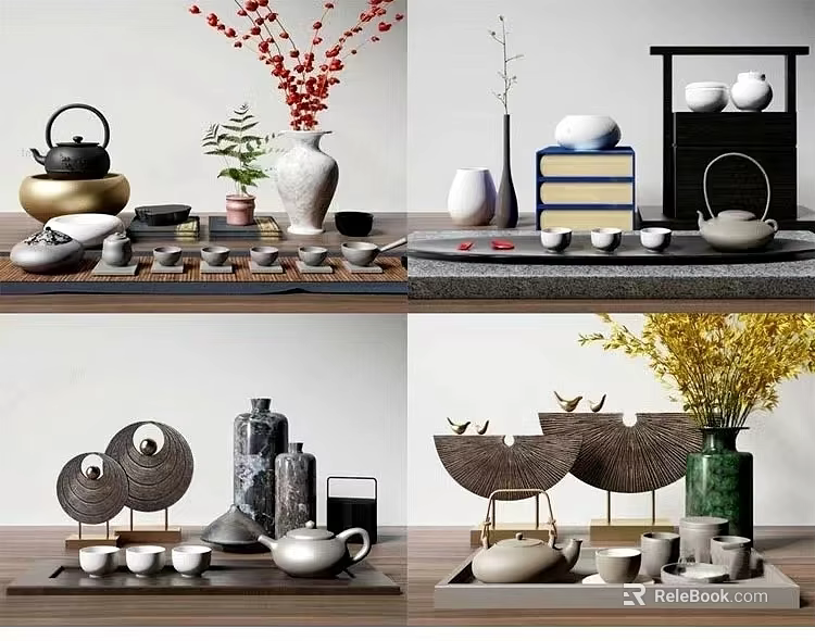 Elegant Traditional Tea Set With Teapot Cups Tray And Decorative Plants 3d model 