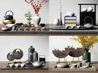Elegant Traditional Tea Set With Teapot Cups Tray And Decorative Plants 3d model