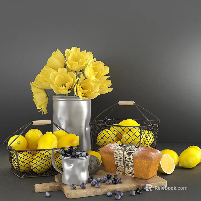 Decorative Ornament Set With Yellow Tulips In Silver Vase Wire Baskets Lemons Blueberries And Bread 3d model 