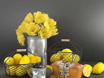 Decorative Ornament Set With Yellow Tulips In Silver Vase Wire Baskets Lemons Blueberries And Bread 3d model
