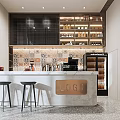 Modern Cafe Interior Design With Counter Stools Coffee Machine And Patterned Wall 3d model