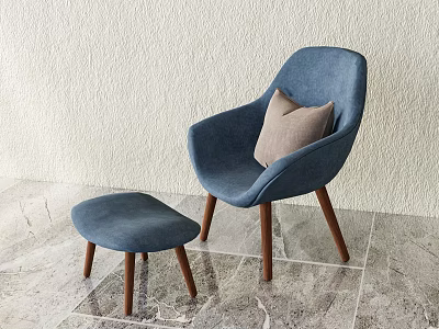 Modern Blue Upholstered Leisure Chair With Sturdy Wooden Legs Matching Footstool And Soft Beige Pillow 3d model