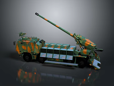 Camouflage Military Weapon Self Propelled Artillery Vehicle With Mounted Cannon And Armored Structure 3d model