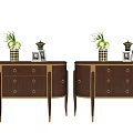Modern Wooden Entryway Side Cabinet With Drawers Gold Accents And Decorative Items