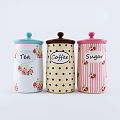 Ceramic Tea Coffee Sugar Canisters With Floral Polka Dot Striped Designs And Colored Lids