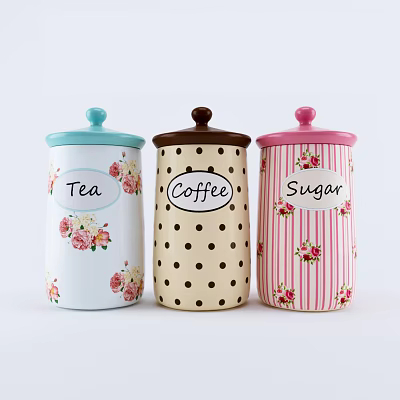 Ceramic Tea Coffee Sugar Canisters With Floral Polka Dot Striped Designs And Colored Lids 3d model