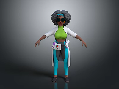 Woman with curly afro hairstyle wearing green top white coat blue pants and utility belt 3d model