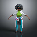 Woman with curly afro hairstyle wearing green top white coat blue pants and utility belt