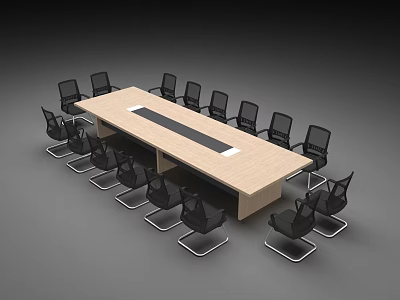 Light Wooden Conference Table With Central Dark Stripe And Black Modern Chairs 3d model