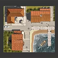 Colorful Houses Miniature Model With Orange Roofs Waterfront Small Boat Dock And Grass Area