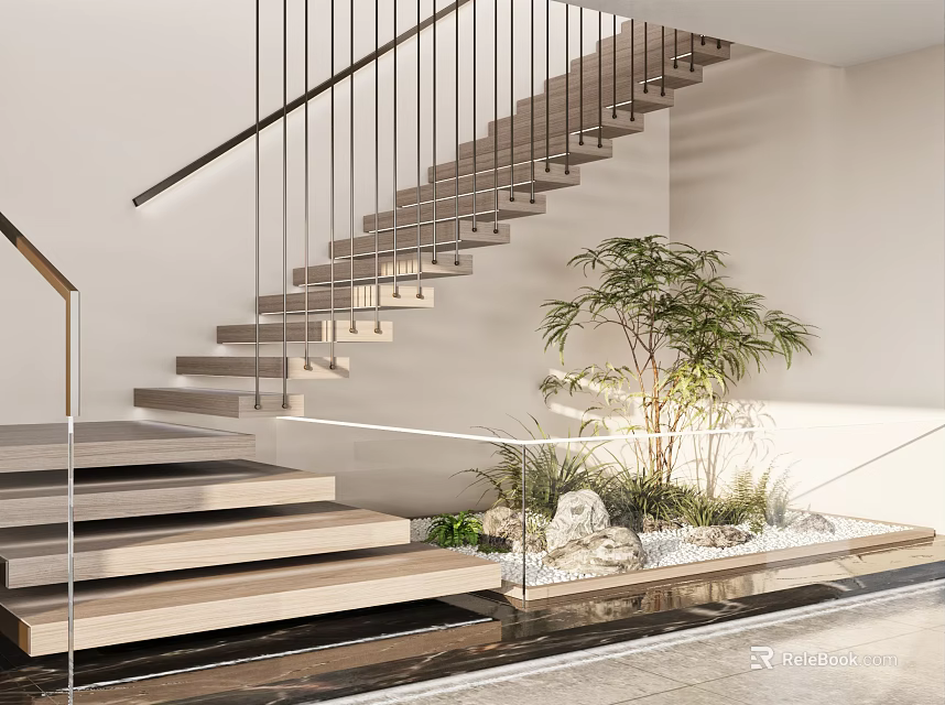 Modern Illuminated Staircase with Glass Metal Railing Wooden Steps Potted Plants and Stone Pebbles 3d model 