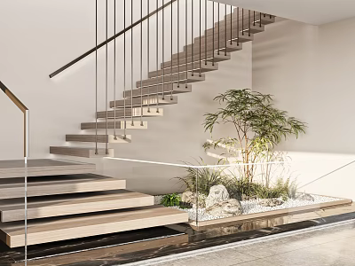 Modern Illuminated Staircase with Glass Metal Railing Wooden Steps Potted Plants and Stone Pebbles 3d model