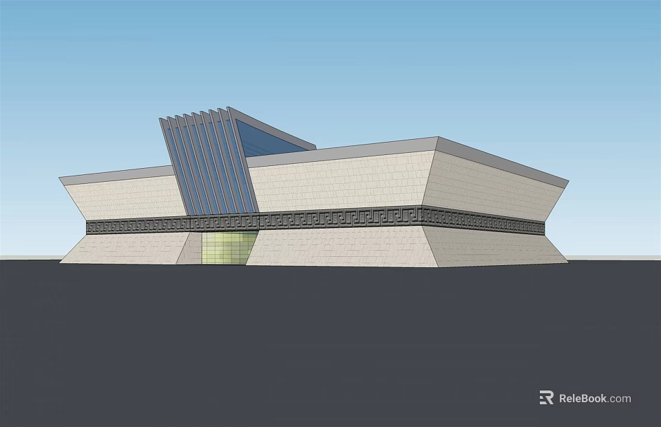 Modern Museum Building With Geometric Glass Structure And Stone Wall Design 3d model 