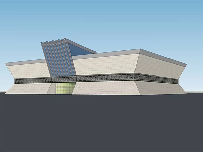 Modern Museum Building With Geometric Glass Structure And Stone Wall Design 3d model