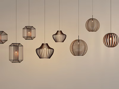 Creative Modern Pendant Lights With Diverse Geometric Wooden Frame Designs Hanging 3d model