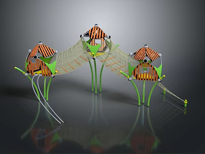 Children's Outdoor Playground Equipment With Three Orange Black Roofed Green Poles Climbing Net Slide Structures 3d model