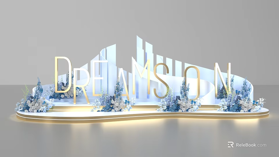 DREAMSON Golden Letters Photo Spot With White Blue Decorations And Illuminated Platform 3d model 