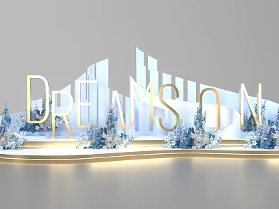 DREAMSON Golden Letters Photo Spot With White Blue Decorations And Illuminated Platform 3d model