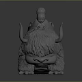Three Tiny Human Figures Sitting On Shaggy Horned Creature Back Sculpture