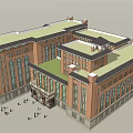 Classical Red Brick Multi Story Building With Large Glass Windows Main Entrance And People Walking