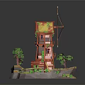 Miniature Red And White Windmill Model With Yellow Roof And Green Trees
