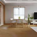 Modern Dining and Living Room Interior With Open Layout Wooden Table Chairs TV And Plants