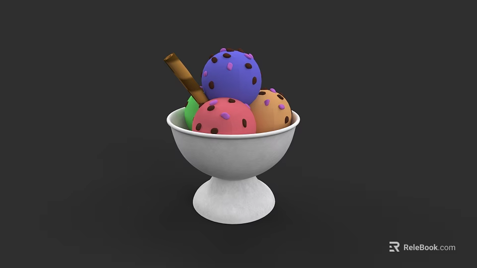 Colorful Creamy Ice Cream Scoops in White Bowl Topped with Cinnamon Stick 3d model 