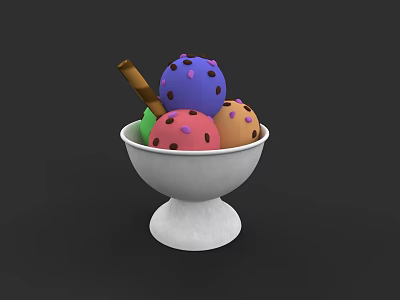 Colorful Creamy Ice Cream Scoops in White Bowl Topped with Cinnamon Stick 3d model