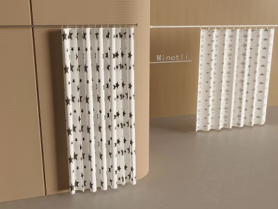 White Curtains with Black Star and Small Patterns in Modern Interior Space 3d model