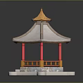 Traditional Chinese Pavilion Architecture With Classic Roof Red Pillars Stone Base And Railings