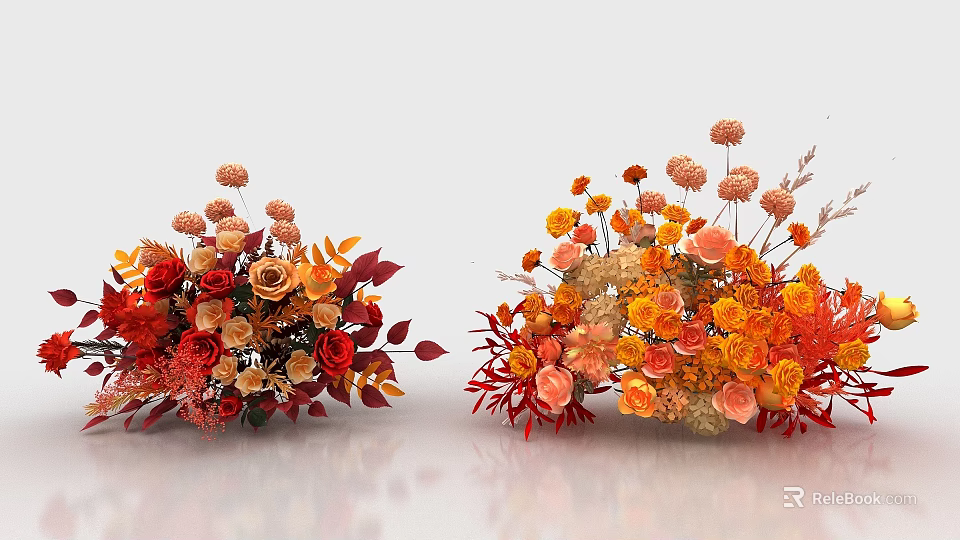 Floral Decorative Display With Warm Tones Mixed Flowers And Textured Leaves 3d model 