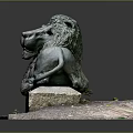 Reclining Lion Statue on Stone Plinth with Detailed Mane and Moss Accents