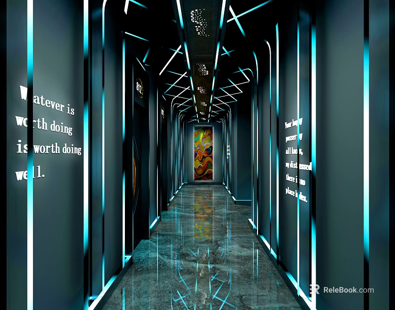 Modern Elevator Hallway Design With Blue Lighting Reflective Floor And Wall Quotes 3d model