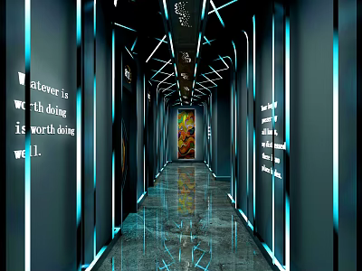 Modern Elevator Hallway Design With Blue Lighting Reflective Floor And Wall Quotes 3d model