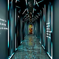 Modern Elevator Hallway Design With Blue Lighting Reflective Floor And Wall Quotes 3d model