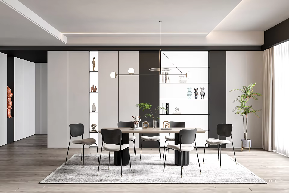 Modern Restaurant Interior With Dining Table Chairs Pendant Lights Potted Plants And Decorative Shelves 3d model 