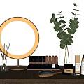 Perfume Cosmetics Arrangement With Round LED Mirror Lipsticks Fragrance Sticks And Skincare On Wooden Tabletop