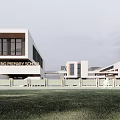Modern School Building With Geometric Staircases White Brown Facade And Outdoor Lawn Area