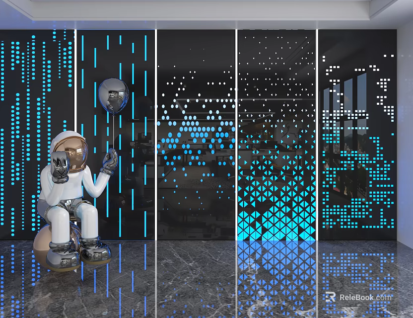 Modern Background Wall Design With Blue LED Dot Patterns And Astronaut Sculpture On Marble Floor 3d model 
