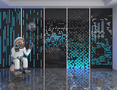 Modern Background Wall Design With Blue LED Dot Patterns And Astronaut Sculpture On Marble Floor 3d model