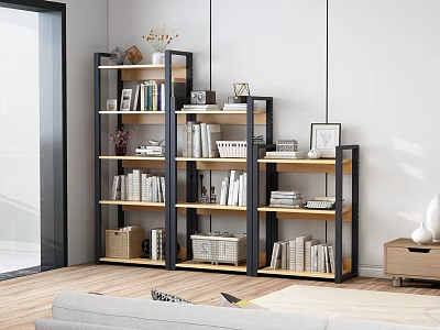 Contemporary Living Room Shelving Unit Featuring Metal Frame Wooden Shelves Books Decorative Storage Baskets 3d model