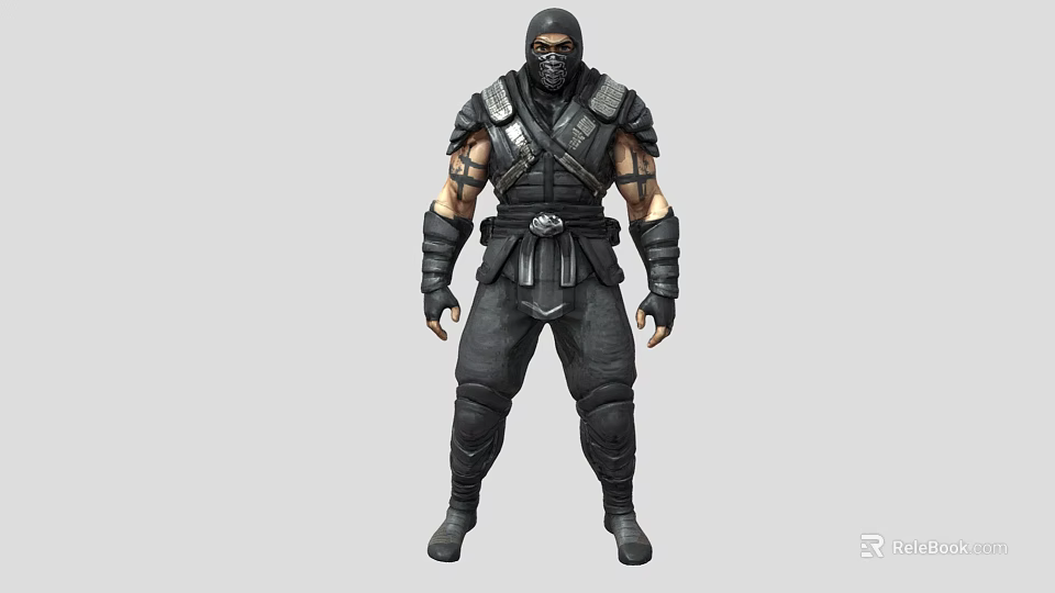 Game Movie Character In Black Combat Suit With Masked Face And Armored Gear 3d model 