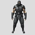 Game Movie Character In Black Combat Suit With Masked Face And Armored Gear