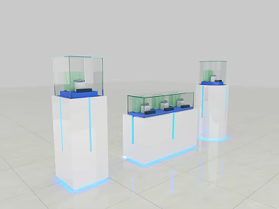 Modern White Display Shelves With Transparent Glass Sections And Blue Bottom Lighting For Product Showcasing 3d model