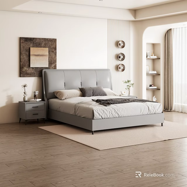 Modern Bedroom Interior With Gray Upholstered Bed Pillows Nightstand Artwork Wooden Floor And Light Rug 3d model 