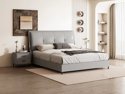 Modern Bedroom Interior With Gray Upholstered Bed Pillows Nightstand Artwork Wooden Floor And Light Rug 3d model